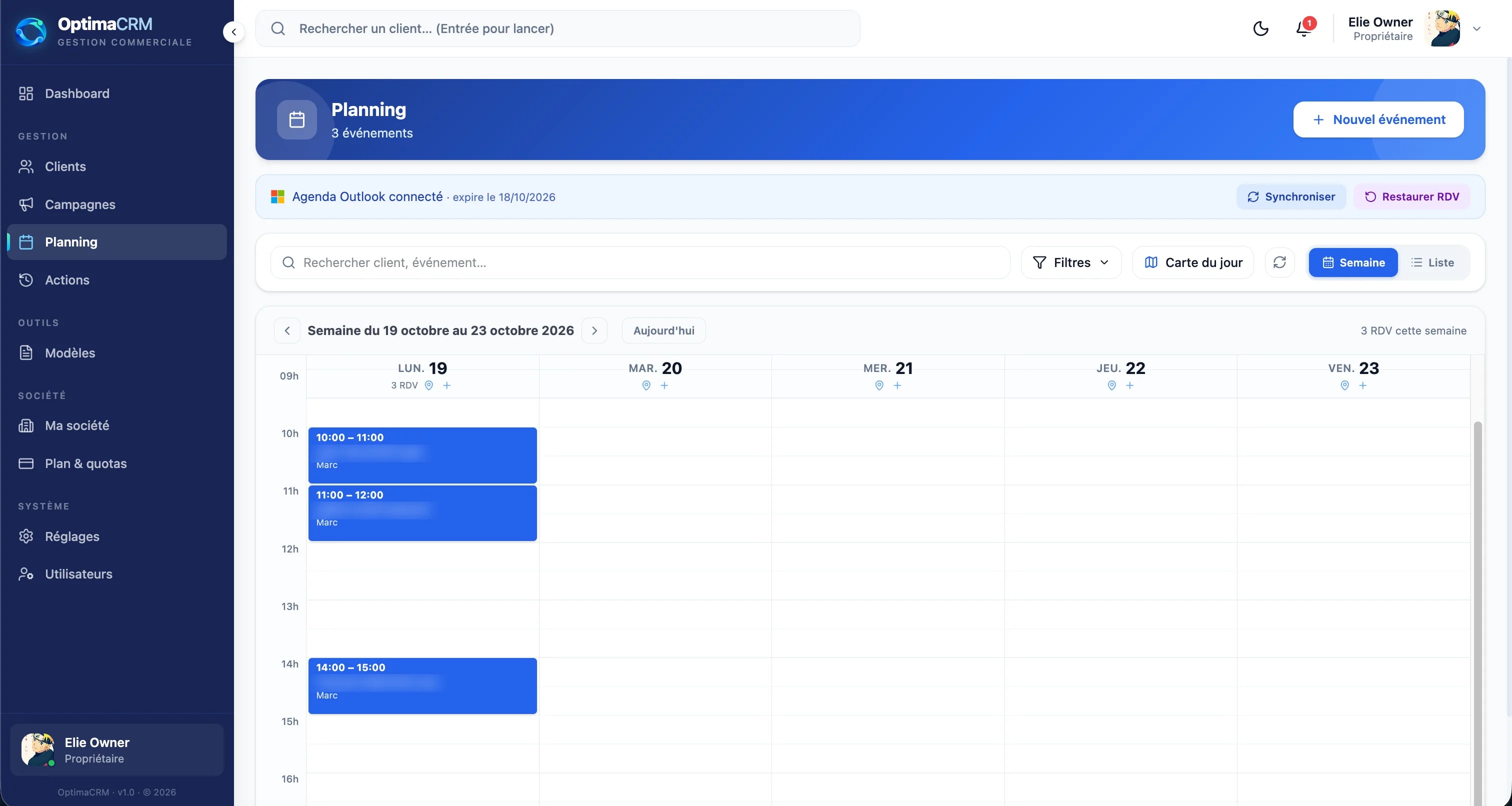 OptimaCRM — Planning de la semaine