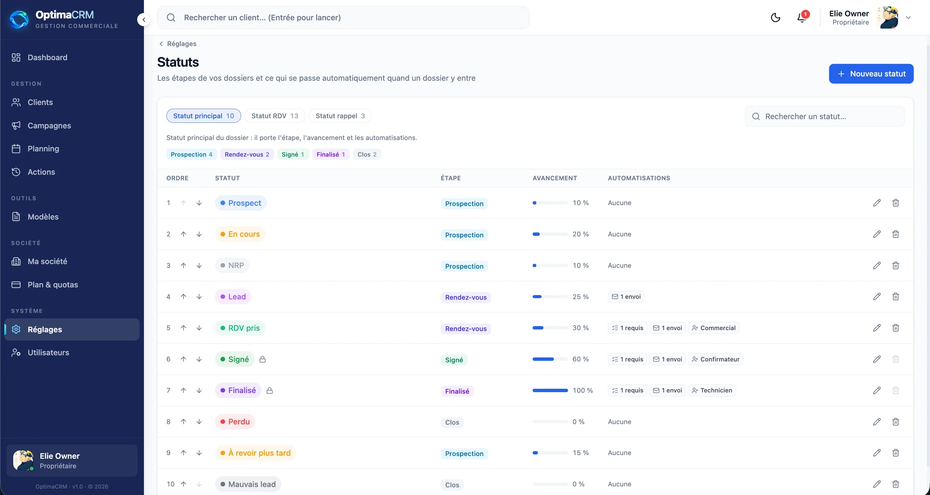 OptimaCRM — Réglages des statuts et automatisations
